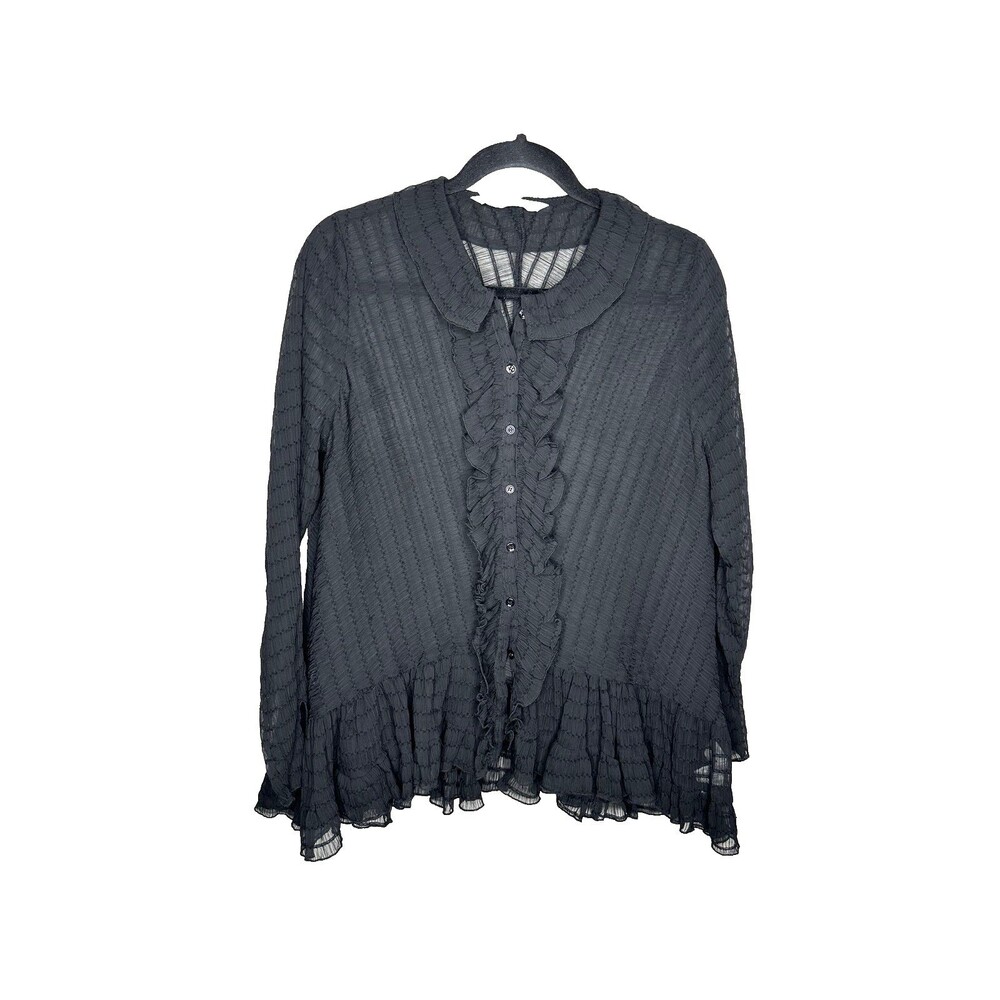 Zara Blouse Womens Small Long Sleeve Boho Top Shirt Black Sheer Ruffle Button Up